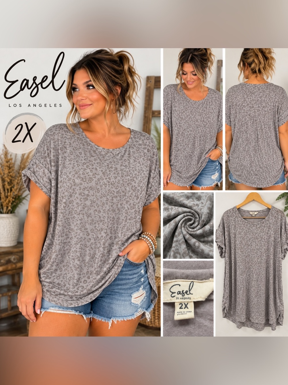 Easel Los Angeles 2X Gray Leopard Print Oversized Relaxed Top